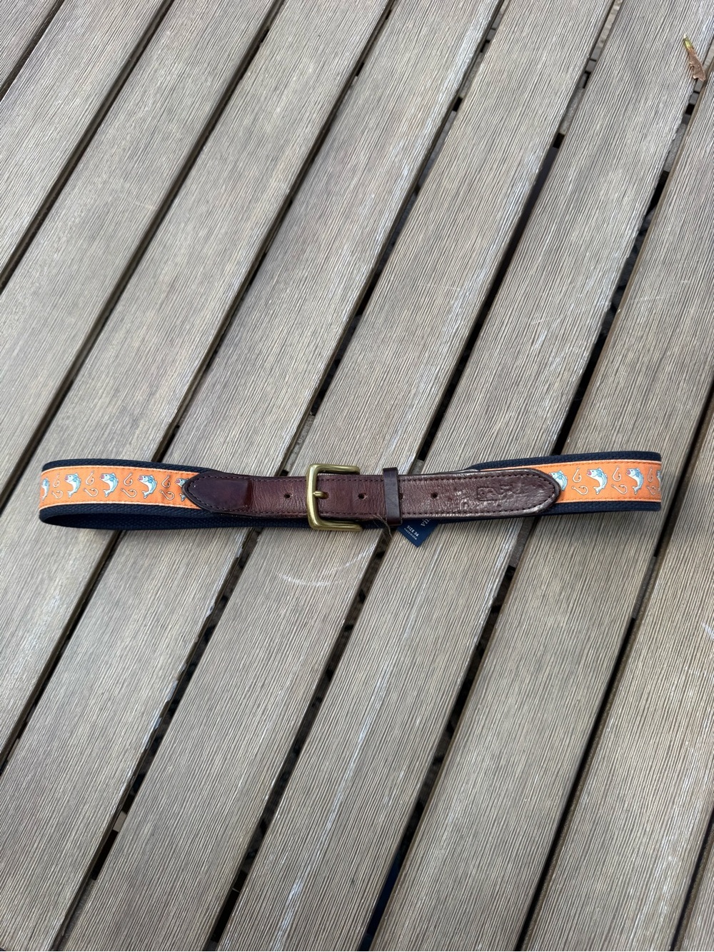Vineyard Vines Fish & Hooks Ribbon Belt Navy Orange Size 36